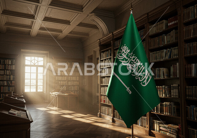 التصميم والديكور الداخلي المميز للمكتبات، حب الثقافة والاستطلاع، اليوم الوطني السعودي 23 سبتمبر, علم المملكة العربية السعودية في المكتبة، يوم العلم 11 مارس، الرفوف المليئة بالروايات والكتب المفيدة، مفهوم حب الوطن والانتماء إليه