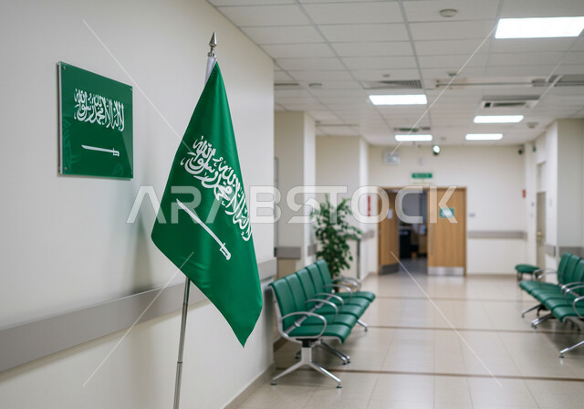 Urban progress of hospitals and medical facilities, health centers and patient care areas, Saudi National Day September 23, Flag Day March 11, Saudi Arabia flag in a hospital, the concept of patriotism and belonging to the homeland