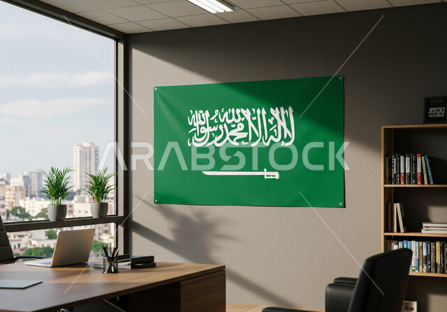 التصميم والديكور الداخلي على الطراز الحديث لمكاتب شركات المملكة، مكتب عمل بواجهة زجاجية كبيرة، يوم العلم 11 مارس، اليوم الوطني السعودي 23 سبتمبر, علم السعودية على حائط في غرفة مكتبية، مفهوم حب الوطن والانتماء إليه