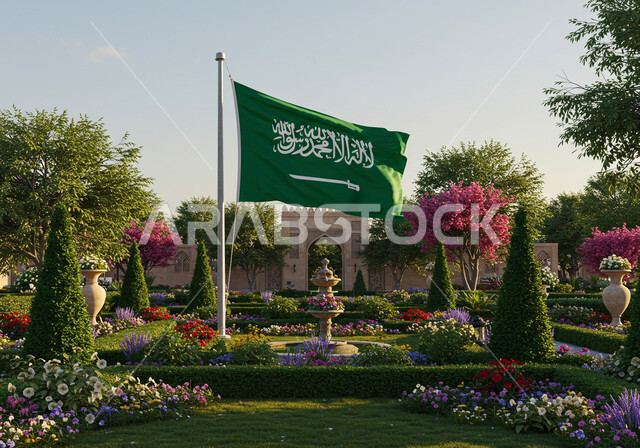 الحدائق الترفيهية السياحية، مكان للتنزه والترفيه وقضاء وقت ممتع، مفهوم حب الوطن والانتماء إليه، يوم العلم 11 مارس، اليوم الوطني السعودي 23 سبتمبر, علم المملكة العربية السعودية وسط الحديقة العامة، المروج والأشجار والنباتات الخضراء
