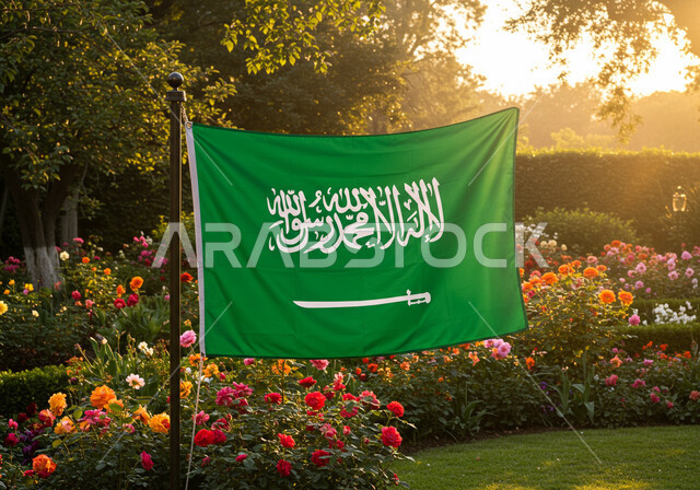 مكان للتنزه والترفيه وقضاء وقت ممتع، مفهوم حب الوطن والانتماء إليه، يوم العلم 11 مارس، اليوم الوطني السعودي 23 سبتمبر, علم المملكة العربية السعودية وسط الحديقة العامة، الحدائق الترفيهية السياحية، المروج والأشجار والنباتات الخضراء