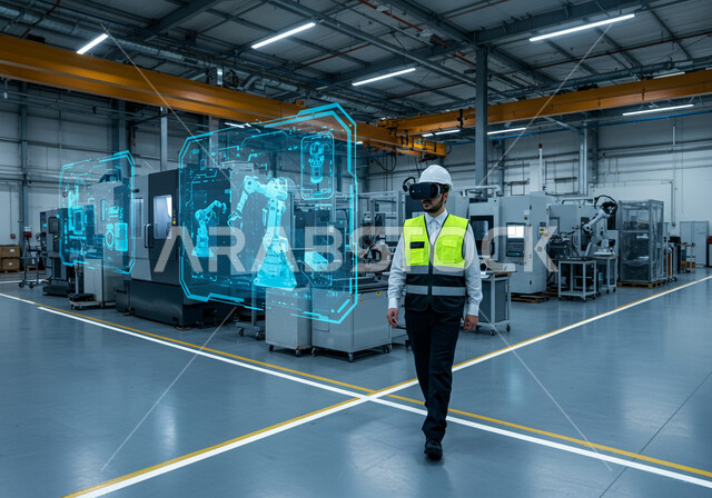 عناصر ورموز هولوجرامية ثلاثية الابعاد، رؤية سعودية مستقبلية 2030، التحول التقني والتكنولوجي الحديث, تحقيق الثورة الصناعية, التطور في الإنتاج والتصنيع، مهندس عربي سعودي خليجي يرتدي سترة وخوذة الحماية مع نظارة الواقع الافتراضي لمشاهدة نموذج أولي عن أذرع الروبوتات