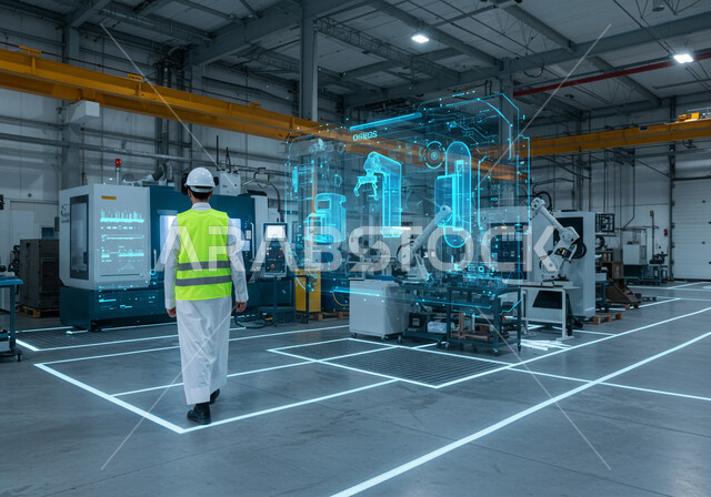 رؤية سعودية مستقبلية 2030، التحول التقني والتكنولوجي, تحقيق الثورة الصناعية, التطور في الإنتاج والتصنيع، صورة من الخلف لمهندس عربي سعودي خليجي يرتدي الثوب التقليدي والخوذة مع نظارة الواقع الافتراضي لمشاهدة نموذج أولي عن أذرع الروبوتات, رموز وعناصر هولوجرامية ثلاثية الابعاد