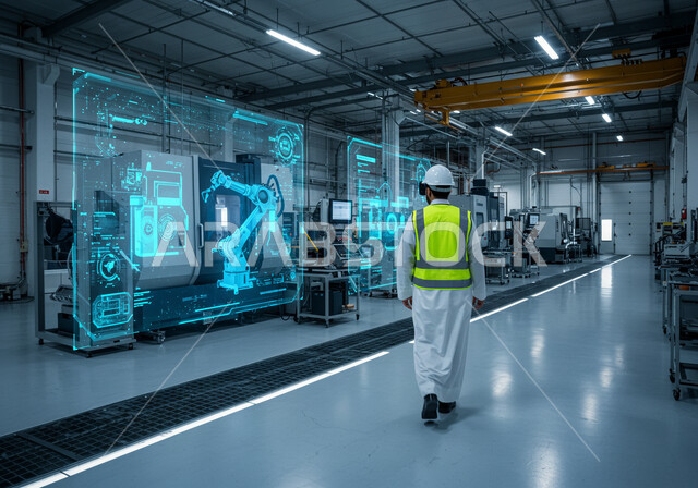 تحقيق الثورة الصناعية, التطور في الإنتاج والتصنيع، التحول التقني والتكنولوجي, صورة من الخلف لمهندس عربي سعودي خليجي يرتدي الثوب التقليدي والخوذة مع نظارة الواقع الافتراضي لمشاهدة نموذج أولي عن أذرع الروبوتات, رؤية سعودية مستقبلية 2030، رموز وعناصر هولوجرامية ثلاثية الابعاد