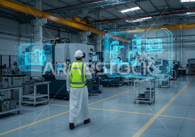 التطور في الإنتاج والتصنيع، تحقيق الثورة الصناعية, التحول التقني والتكنولوجي, صورة من الخلف لمهندس عربي سعودي خليجي يرتدي الثوب التقليدي والخوذة مع نظارة الواقع الافتراضي لمشاهدة نموذج أولي عن أذرع الروبوتات, رؤية سعودية مستقبلية 2030، رموز وعناصر هولوجرامية ثلاثية الابعاد