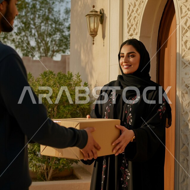 عملية شحن وتوصيل موثوقه وناجحة، امرأة عربية خليجية سعودية محجبة ترتدي العباءة تقوم باستلام الطلب من المندوب بإيماءات الفرح والسرور، تسليم الطلبات للزبائن، خدمات التوصيل السريع، عمليات الشراء الالكترونية