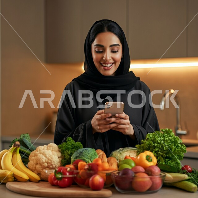 الاستفسار عن مقادير ومكونات الطبخ، الدردشة عبر تطبيقات التواصل الاجتماعي، صورة مقربة لشابة عربية خليجية سعودية مبتسمة محجبة تقف في المطبخ امام طبق الفواكه والخضراوات تقوم باستخدام الهاتف المحمول بإيماءات السعادة والسرور , تعلم وصفة جديدة عبر جهاز الجوال