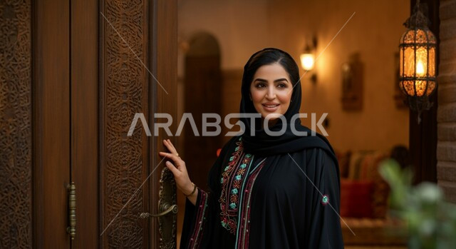 مفهوم الأناقة والأنوثة, صورة مقربة لامرأة عربية خليجية سعودية مبتسمة محجبة ترتدي العباءة السوداء تقف امام باب خشبي تنظر إلى شيء ما بايماءات السرور والثقة بالنفس, الاهتمام بالمظهر الخارجي