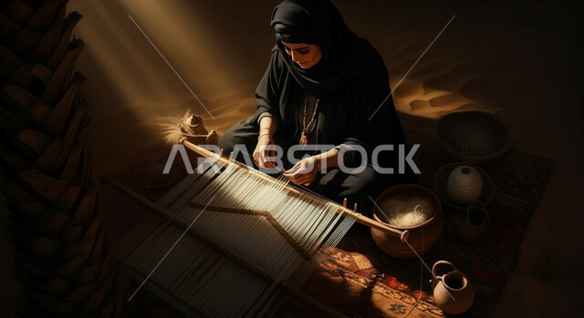 صناعة تقليدية تاريخية، حرفة ومهنة يدوية قديمة، يوم بدينا ٢٢ فبراير، صورة من الاعلى لسيدة عربية خليجية سعودية ترتدي العباءة تقوم بنسج وغزل الصوف، ذكرى تاسيس الدوله السعوديه الاولى ١٧٢٧م، منتج وطني محلي, إحياء التراث الشعبي السعودي