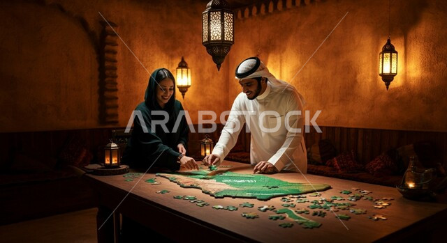 Intelligence and concentration game, the concept of solving the puzzle and entertainment, a Saudi Arabian Gulf man wearing a traditional ghutra and dress standing with his wife assembling the puzzle pieces, a veiled Gulf woman wearing a black abaya, the memory of Saudi National Day September 23, a map of the Kingdom of Saudi Arabia