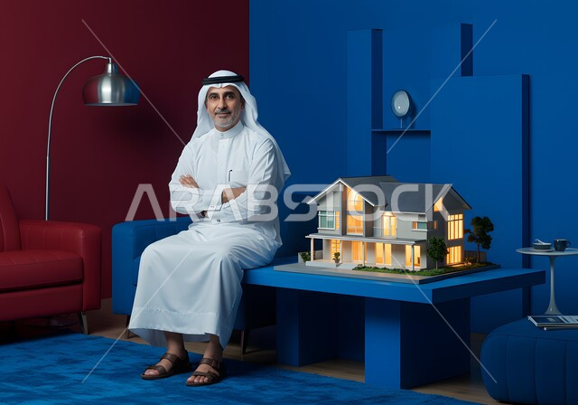 بيع وشراء العقارات, النظر الى الكاميرا بإيماءات السرور و السعادة, رجل عربي خليجي سعودي يرتدي الثوب و الغترة التقليدية يجلس بتعابير أيدي متقاطعه بجانبه مجسم ثلاثي الابعاد لمنزل مضيء, امتلاك سكن جديد, مفهوم الاسكان و التمليك