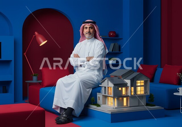 النظر الى الكاميرا بإيماءات السرور و السعادة, بيع وشراء العقارات, رجل عربي خليجي سعودي يرتدي الثوب التقليدي والشماغ يجلس بتعابير أيدي متقاطعه بجانبه مجسم ثلاثي الابعاد لمنزل مضيء, امتلاك سكن جديد, مفهوم الاسكان و التمليك