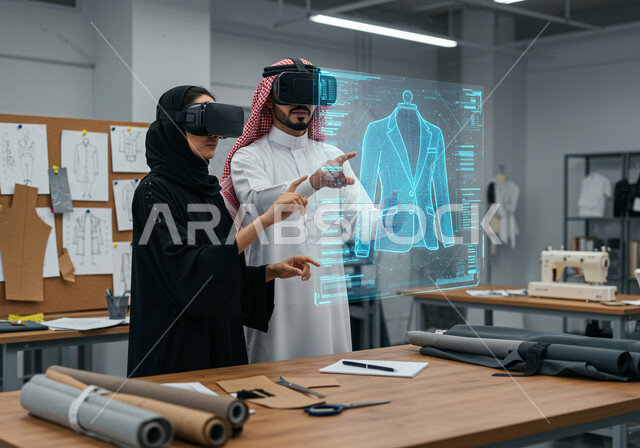دمج التكنولوجيا الحديثة بالأعمال الفنية، ممارسة مهنة تصميم الأزياء، ورشة خياطة الملابس، رموز وعناصر هولوجرامية ثلاثية الأبعاد، ابتكار التصاميم الانيقة، رجل وامرأة عربيين خليجيين سعوديين يرتديان نظارة الواقع الافتراضي لرؤية نموذج أولي عن اللباس