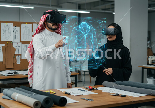 ممارسة مهنة تصميم الأزياء، ورشة خياطة الملابس، رموز وعناصر هولوجرامية ثلاثية الأبعاد، ابتكار التصاميم الانيقة، دمج التكنولوجيا الحديثة بالأعمال الفنية، رجل وامرأة عربيين خليجيين سعوديين يرتديان نظارة الواقع الافتراضي لرؤية نموذج أولي عن اللباس