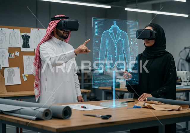 ورشة خياطة الملابس، رموز وعناصر هولوجرامية ثلاثية الأبعاد، ابتكار التصاميم الانيقة، دمج التكنولوجيا الحديثة بالأعمال الفنية، ممارسة مهنة تصميم الأزياء، رجل وامرأة عربيين خليجيين سعوديين يرتديان نظارة الواقع الافتراضي لرؤية نموذج أولي عن اللباس