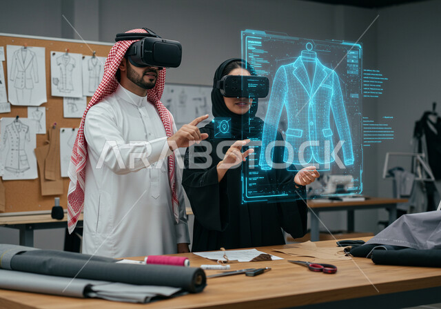 رموز وعناصر هولوجرامية ثلاثية الأبعاد، ابتكار التصاميم الانيقة، دمج التكنولوجيا الحديثة بالأعمال الفنية، ممارسة مهنة تصميم الأزياء، ورشة خياطة الملابس، رجل وامرأة عربيين خليجيين سعوديين يرتديان نظارة الواقع الافتراضي لرؤية نموذج أولي عن اللباس