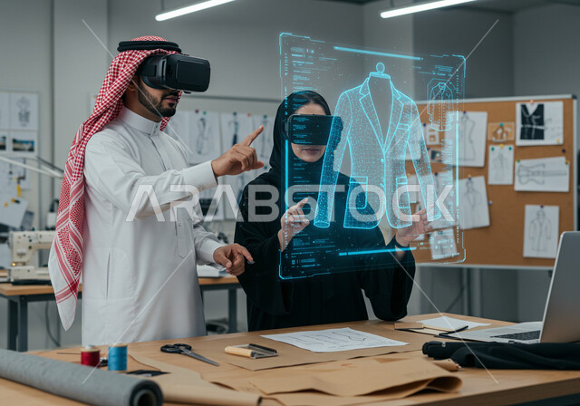 عناصر ورموز هولوجرامية ثلاثية الأبعاد، ابتكار التصاميم الانيقة، دمج التكنولوجيا الحديثة بالأعمال الفنية، ممارسة مهنة تصميم الأزياء، ورشة خياطة الملابس، رجل وامرأة عربيين خليجيين سعوديين يرتديان نظارة الواقع الافتراضي لرؤية نموذج أولي عن اللباس