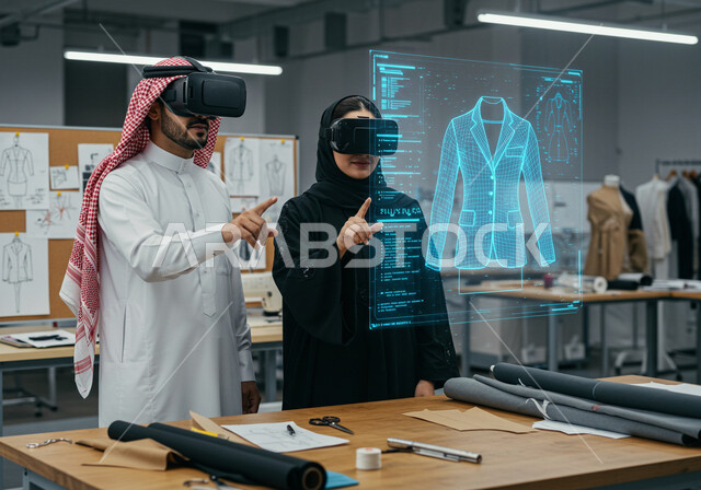 ابتكار التصاميم الانيقة، دمج التكنولوجيا الحديثة بالأعمال الفنية، ممارسة مهنة تصميم الأزياء، ورشة خياطة الملابس، عناصر ورموز هولوجرامية ثلاثية الأبعاد، رجل وامرأة عربيين خليجيين سعوديين يرتديان نظارة الواقع الافتراضي لرؤية نموذج أولي عن اللباس