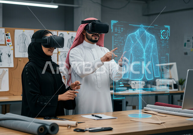 دمج التكنولوجيا الحديثة بالأعمال الفنية، ممارسة مهنة تصميم الأزياء، ورشة خياطة الملابس، عناصر ورموز هولوجرامية ثلاثية الأبعاد، ابتكار التصاميم الانيقة، رجل وامرأة عربيين خليجيين سعوديين يرتديان نظارة الواقع الافتراضي لرؤية نموذج أولي عن اللباس
