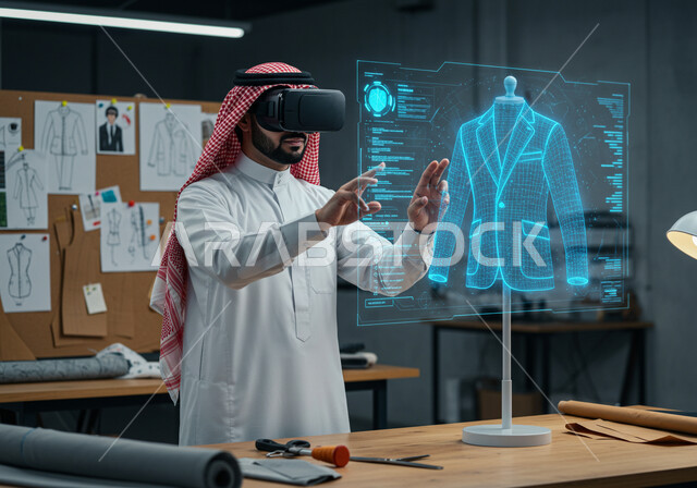 ورشة خياطة الملابس، عناصر ورموز هولوجرامية ثلاثية الأبعاد، ابتكار التصاميم الانيقة، دمج التكنولوجيا الحديثة بالأعمال الفنية، ممارسة مهنة تصميم الأزياء، رجل عربي خليجي سعودي يرتدي الثوب التقليدي والشماغ ونظارة الواقع الافتراضي لرؤية نموذج أولي عن اللباس