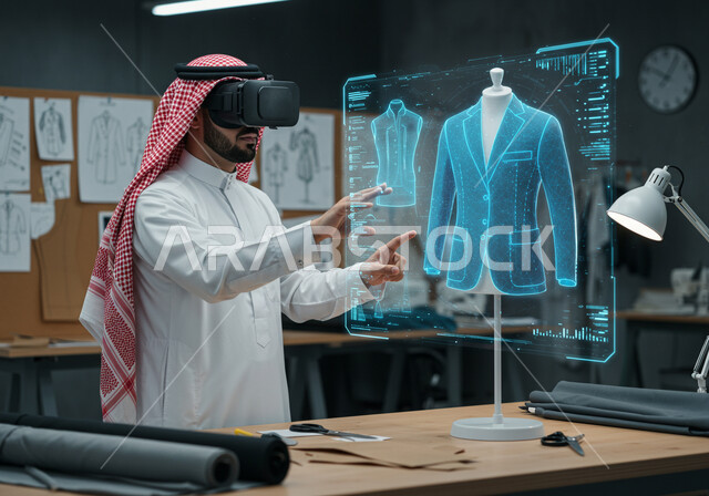 عناصر ورموز هولوجرامية ثلاثية الأبعاد، ابتكار التصاميم الانيقة، دمج التكنولوجيا الحديثة بالأعمال الفنية، ممارسة مهنة تصميم الأزياء، ورشة خياطة الملابس، رجل عربي خليجي سعودي يرتدي الثوب التقليدي والشماغ ونظارة الواقع الافتراضي لرؤية نموذج أولي عن اللباس