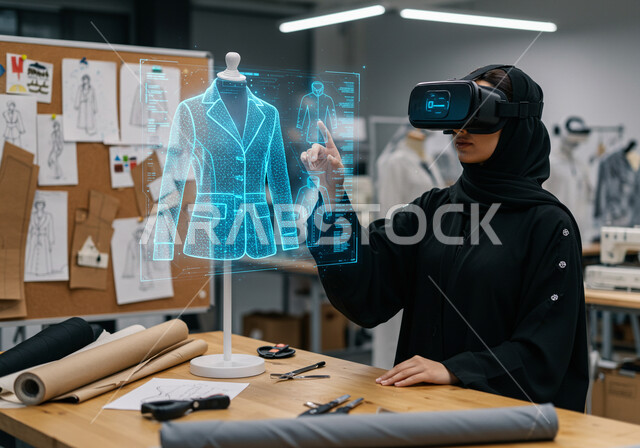 رموز وعناصر هولوجرامية ثلاثية الأبعاد، ابتكار التصاميم الانيقة، دمج التكنولوجيا الحديثة بالأعمال الفنية، ممارسة مهنة تصميم الأزياء، ورشة خياطة الملابس، امرأة عربية خليجية سعودية محجبة ترتدي عباءة سوداء ونظارة الواقع الافتراضي لرؤية نموذج أولي عن اللباس