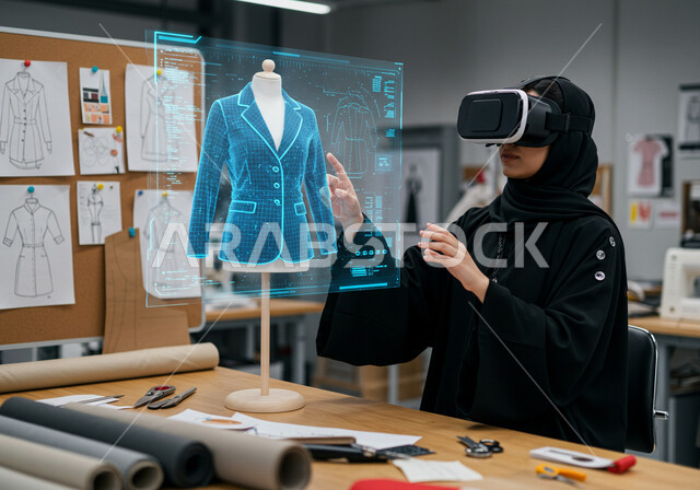 ابتكار التصاميم الانيقة، دمج التكنولوجيا الحديثة بالأعمال الفنية، ممارسة مهنة تصميم الأزياء، ورشة خياطة الملابس، امرأة عربية خليجية سعودية محجبة ترتدي عباءة سوداء ونظارة الواقع الافتراضي لرؤية نموذج أولي عن اللباس، رموز وعناصر هولوجرامية ثلاثية الأبعاد 