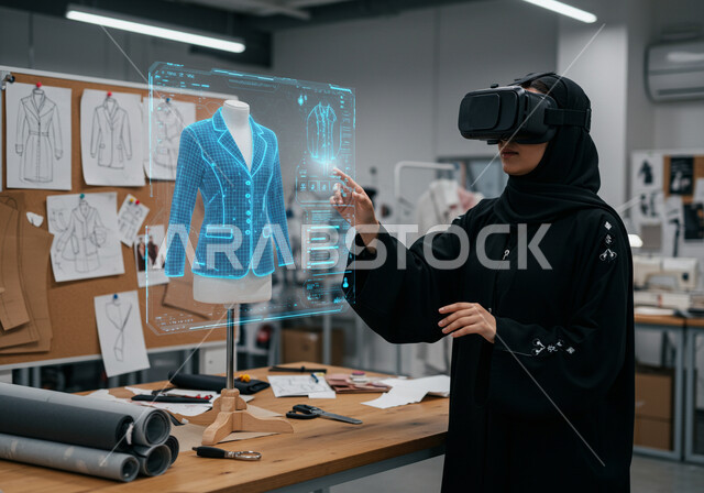 دمج التكنولوجيا الحديثة بالأعمال الفنية، ممارسة مهنة تصميم الأزياء، ورشة خياطة الملابس، امرأة عربية خليجية سعودية محجبة ترتدي عباءة سوداء ونظارة الواقع الافتراضي لرؤية نموذج أولي عن اللباس، ابتكار التصاميم الانيقة، رموز وعناصر هولوجرامية ثلاثية الأبعاد 