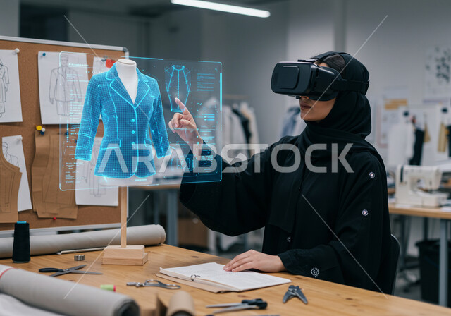 ورشة خياطة الملابس، ممارسة مهنة تصميم الأزياء، دمج التكنولوجيا الحديثة بالأعمال الفنية، امرأة عربية خليجية سعودية محجبة ترتدي عباءة سوداء ونظارة الواقع الافتراضي لرؤية نموذج أولي عن اللباس، ابتكار التصاميم الانيقة، رموز وعناصر هولوجرامية ثلاثية الأبعاد 