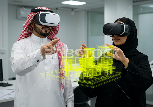 متابعة المخططات الهندسية المتطورة، التطور والإبتكار في الهندسة المعمارية الذكية، رؤية مستقبلية سعودية2030، عناصر ورموز هولوجرامية ثلاثية الأبعاد للأبراج وناطحات السحاب، رجل وامرأة عربيين خليجيين سعوديين يرتديان نظارة الواقع الافتراضي لرؤية نموذج عن مخطط البناء