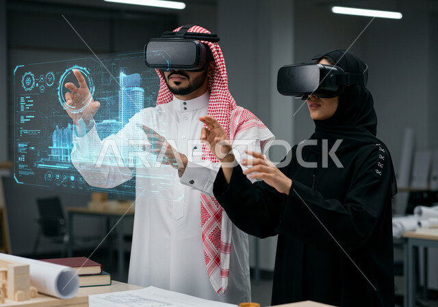 التطور والإبتكار في الهندسة المعمارية الذكية، رؤية مستقبلية سعودية2030، عناصر ورموز هولوجرامية ثلاثية الأبعاد للأبراج وناطحات السحاب، متابعة المخططات الهندسية المتطورة، رجل وامرأة عربيين خليجيين سعوديين يرتديان نظارة الواقع الافتراضي لرؤية نموذج عن مخطط البناء