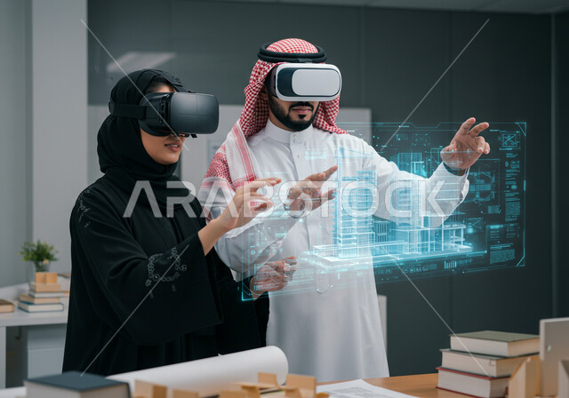 الإبتكار والتطور في الهندسة المعمارية الذكية، رؤية مستقبلية سعودية2030، عناصر ورموز هولوجرامية ثلاثية الأبعاد للأبراج وناطحات السحاب، متابعة المخططات الهندسية المتطورة، رجل وامرأة عربيين خليجيين سعوديين يرتديان نظارة الواقع الافتراضي لرؤية نموذج عن مخطط البناء