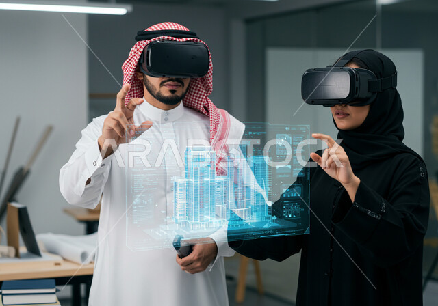 Follow advanced engineering plans, innovation and development in smart architecture, Saudi Vision 2030, 3D holographic symbols and elements of towers and skyscrapers, Saudi Arabian Gulf man and woman wearing virtual reality glasses to see a model of the building plan