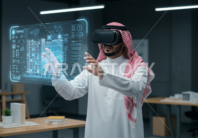 رموز وعناصر هولوجرامية ثلاثية الأبعاد للأبراج وناطحات السحاب، متابعة المخططات الهندسية المتطورة، التطور والإبتكار والحداثة في الهندسة المعمارية الذكية، مهندس عربي خليجي سعودي يرتدي نظارة الواقع الافتراضي لرؤية نموذج عن مخطط البناء، رؤية مستقبلية سعودية2030
