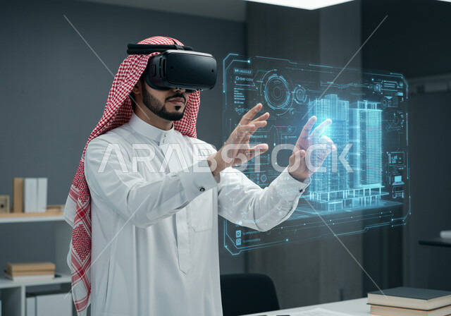 عناصر ورموز هولوجرامية ثلاثية الأبعاد للأبراج وناطحات السحاب، متابعة المخططات الهندسية المتطورة، التطور والإبتكار والحداثة في الهندسة المعمارية الذكية، مهندس عربي خليجي سعودي يرتدي نظارة الواقع الافتراضي لرؤية نموذج عن مخطط البناء، رؤية مستقبلية سعودية2030