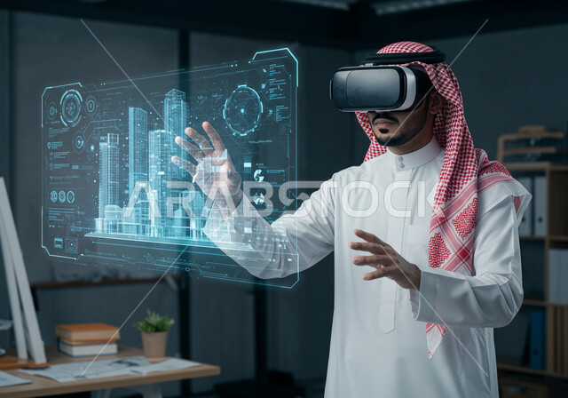 Following advanced engineering plans, development, innovation and modernity in smart architecture, a Saudi Arabian Gulf engineer wearing virtual reality glasses to see a model of the building plan, 3D holographic elements and symbols of towers and skyscrapers, Saudi Vision 2030