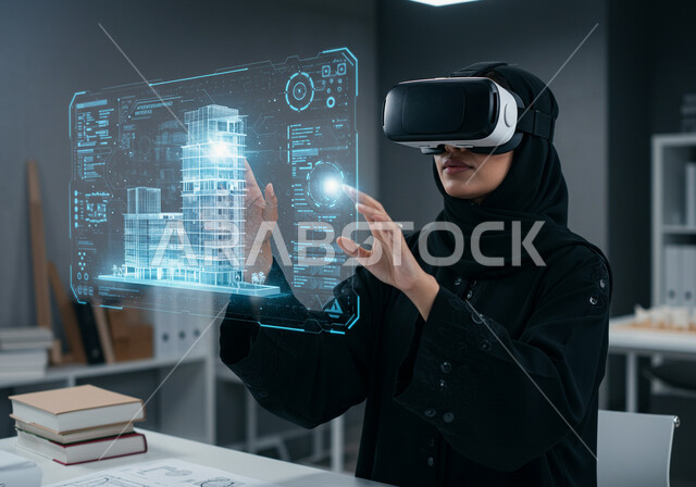 الإبتكار والحداثة والتطور في الهندسة المعمارية الذكية، مهندسة عربية خليجية سعودية ترتدي نظارة الواقع الافتراضي لرؤية نموذج عن مخطط البناء، متابعة المخططات الهندسية المتطورة، عناصر ورموز هولوجرامية ثلاثية الأبعاد للأبراج وناطحات السحاب، رؤية مستقبلية سعودية2030