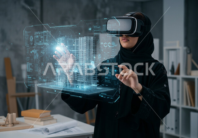 الحداثة والإبتكار والتطور في الهندسة المعمارية الذكية، مهندسة عربية خليجية سعودية ترتدي نظارة الواقع الافتراضي لرؤية نموذج عن مخطط البناء، متابعة المخططات الهندسية المتطورة، عناصر ورموز هولوجرامية ثلاثية الأبعاد للأبراج وناطحات السحاب، رؤية مستقبلية سعودية2030