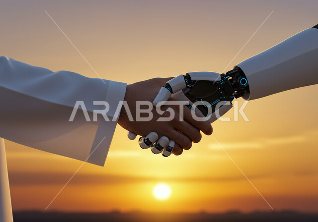 التحول الرقمي والتقدم التقني، رؤية مستقبلية سعودية 2030، تطور الذكاء الاصطناعي والعلوم والتكنولوجيا، التعاون بين البشر والروبوتات، تحقيق الثورة الصناعية في المجال الالكتروني, صورة مقربة ليد رجل عربي خليجي سعودي يرتدي الثوب التقليدي تصافح يد روبوت أثناء غروب الشمس