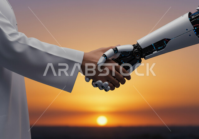 رؤية مستقبلية سعودية 2030، تطور الذكاء الاصطناعي والعلوم والتكنولوجيا، التعاون بين البشر والروبوتات، التحول الرقمي والتقدم التقني، تحقيق الثورة الصناعية في المجال الالكتروني, صورة مقربة ليد رجل عربي خليجي سعودي يرتدي الثوب التقليدي تصافح يد روبوت أثناء غروب الشمس