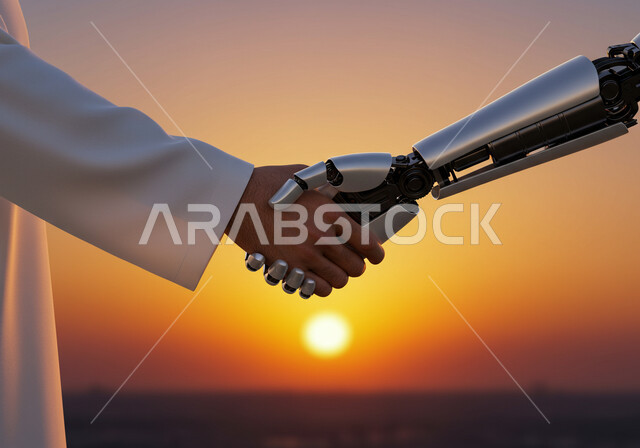 التعاون بين البشر والروبوتات، تطور الذكاء الاصطناعي والعلوم والتكنولوجيا، رؤية مستقبلية سعودية 2030، التحول الرقمي والتقدم التقني، تحقيق الثورة الصناعية في المجال الالكتروني, صورة مقربة ليد رجل عربي خليجي سعودي يرتدي الثوب التقليدي تصافح يد روبوت أثناء غروب الشمس