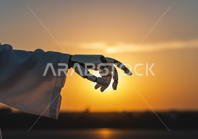 تحقيق الثورة الصناعية، الرؤية السعودية المستقبلية 2030، ايماءات الاشارة الى شيء ما، العلوم والابتكار وتكنولوجيا الذكاء الاصطناعي، صورة مقربة ليد روبوت آلي حديث ومتطور بتقنيات عالية تشير الى مكان ما وقت غروب الشمس، التحول الرقمي والتقدم التقني