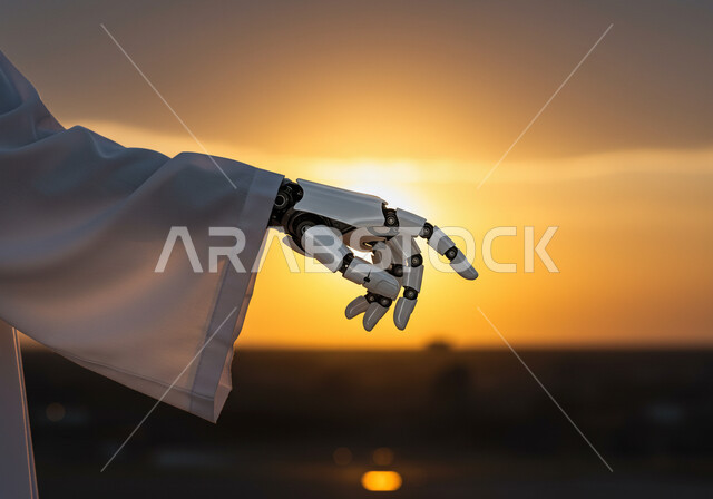 الرؤية السعودية المستقبلية 2030، ايماءات الاشارة الى شيء ما، العلوم والابتكار وتكنولوجيا الذكاء الاصطناعي، تحقيق الثورة الصناعية، صورة مقربة ليد روبوت آلي حديث ومتطور بتقنيات عالية تشير الى مكان ما وقت غروب الشمس، التحول الرقمي والتقدم التقني