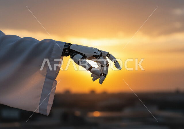 Science, innovation and artificial intelligence technology, gestures and expressions pointing to something, Saudi Vision 2030, achieving the industrial revolution, close-up of a modern and advanced robot hand with high technology pointing to a place at sunset, digital transformation and technological progress,