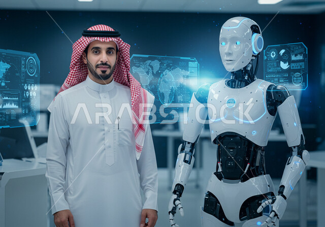 التحول الرقمي والتقدم التقني، مفهوم التعاون بين البشر والروبوتات، تطور الذكاء الاصطناعي والعلوم والتكنولوجيا، رؤية مستقبلية سعودية 2030، تحقيق الثورة الصناعية في المجال الالكتروني, رجل عربي خليجي سعودي يرتدي الثوب التقليدي والشماغ يقف بجانب روبوت