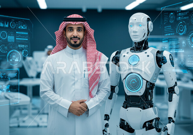 The concept of cooperation between humans and robots, the development of artificial intelligence, science and technology, Saudi Vision 2030, digital transformation and technological progress, achieving the industrial revolution in the electronic field, a Saudi Arabian Gulf man wearing a traditional thobe and shemagh stands next to a robot