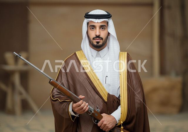 استخدام البندقيه لصيد الحيوانات البرية، توارث مهنة الصيد بين أبناء الوطن، رجل عربي خليجي سعودي يرتدي البشت والغترة  في المناسبة الوطنية، يوم بدينا ٢٢ فبراير ، ذكرى تاسيس الدوله السعوديه الاولى ١٧٢٧ م، النظر الى الكاميرا بايماءات الفخر،  حمل السلاح للدفاع عن الوطن