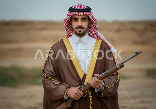 استخدام البندقيه لصيد الحيوانات البرية، توارث مهنة الصيد بين أبناء الوطن، رجل عربي خليجي سعودي يرتدي البشت والشماغ  في المناسبة الوطنية، يوم بدينا ٢٢ فبراير ، ذكرى تاسيس الدوله السعوديه الاولى ١٧٢٧ م، النظر الى الكاميرا بايماءات الفخر،  حمل السلاح للدفاع عن الوطن