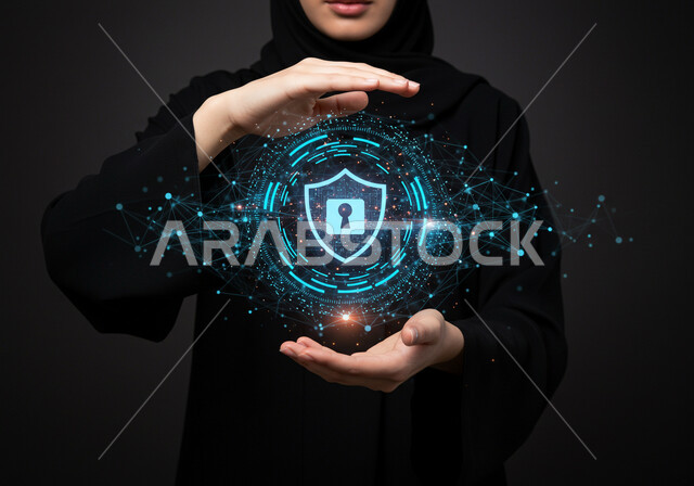رموز وعناصر هولوجراميه ثلاثية الابعاد لقفل الأمان، مفهوم الامن السيبراني، خطوط الاتصال والبرمجة الحاسوبية، حماية المعلومات وتأمينها من الهجمات، بورتريه مقرب لامرأة عربية خليجية سعودية محجبة ترتدي عباءة سوداء تقوم بعرض عنصر هولوجرامي مضيء، خلفية سوداء