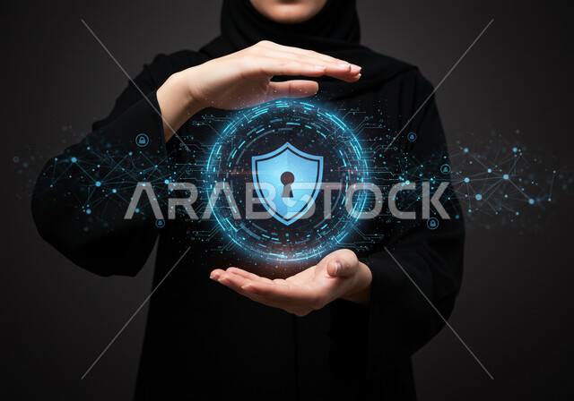 عناصر ورموز هولوجراميه ثلاثية الابعاد لقفل الأمان، مفهوم الامن السيبراني، خطوط الاتصال والبرمجة الحاسوبية، حماية المعلومات وتأمينها من الهجمات، بورتريه مقرب لامرأة عربية خليجية سعودية محجبة ترتدي عباءة سوداء تقوم بعرض عنصر هولوجرامي مضيء، خلفية سوداء